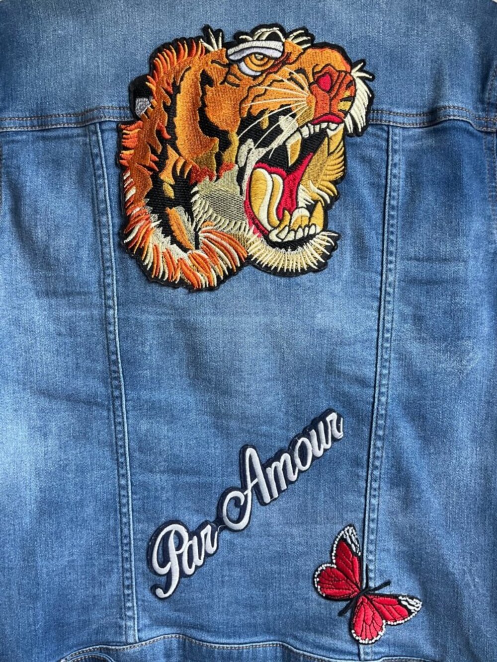 Studio F Med Embroidered Denim Jacket Floral & Tiger Stretch Boho Made Colombia - Picture 5 of 16